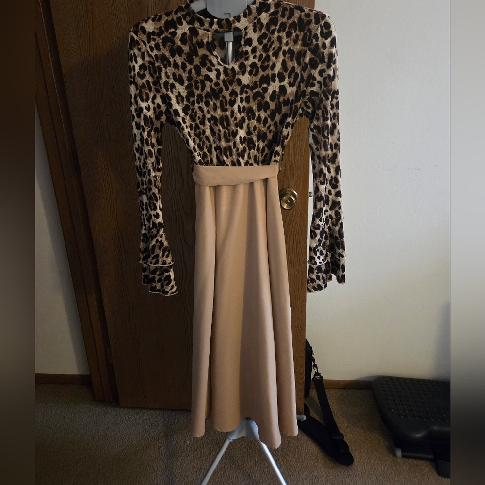 Leopard Print and Tan Long Sleeve Maxi Dress